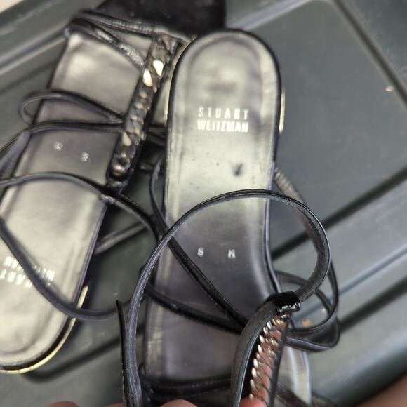 Stuart Weitzman Gladiator Strap Sandals Black Leather Silver Chain Women's 8 - Picture 7 of 7